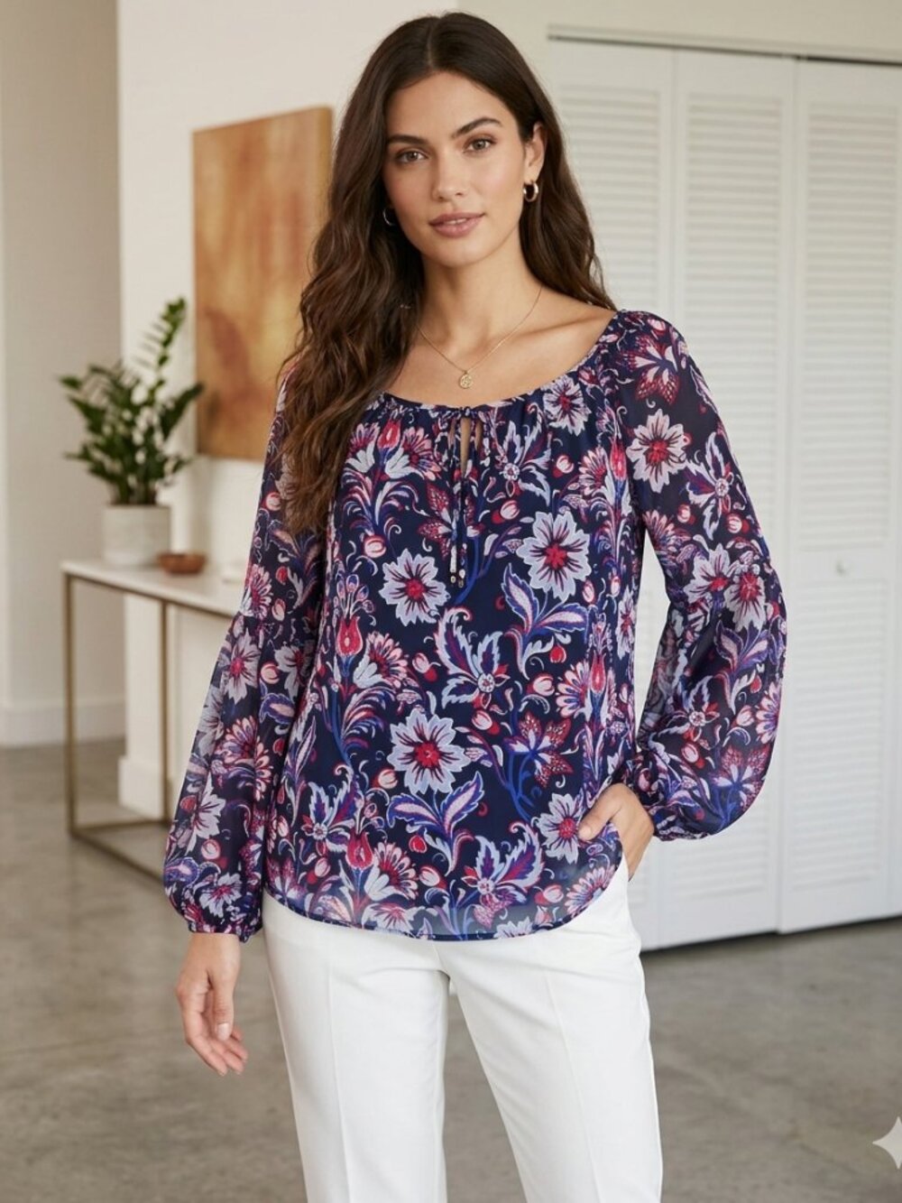 INC Floral Women's Large Top - Black, Blue and Red